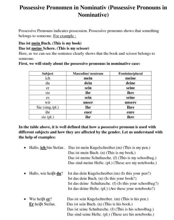 Possessive Pronomen In Nominativ Possessive Pronouns In Nominative